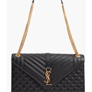 Yves Saint Laurent Black Chevron Shoulder Bag with Gold Chain
